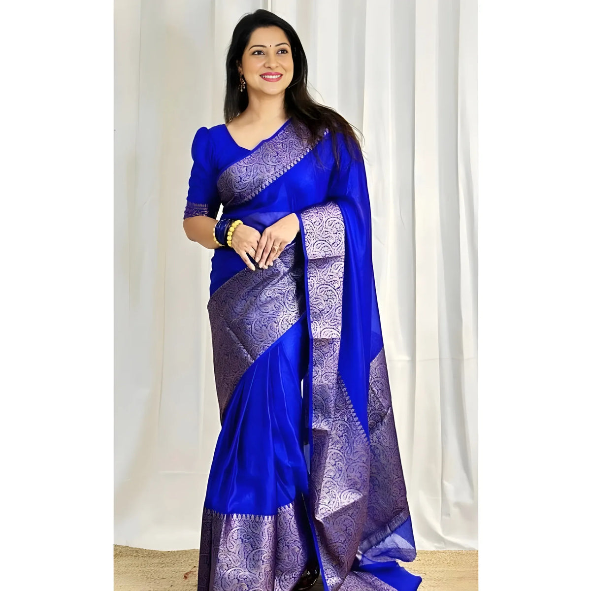 Women's Soft Lichi Silk Solid Saree With Unstitched Blouse 5.5Mtr (Blue)