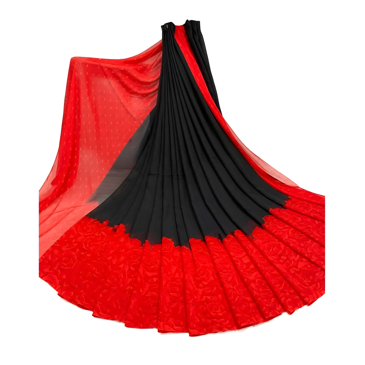 Women's Georgette Printed Saree With Unstitched Blouse 5.5Mtr (Black-Red)