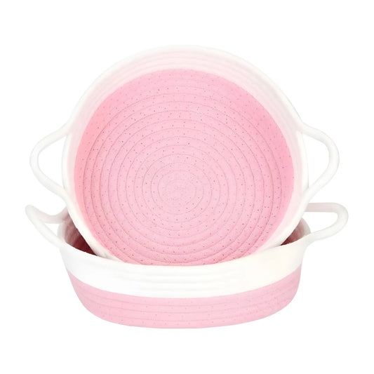 Cotton White Basket 2 Pcs Storage Basket For Clothes (Pink-White)