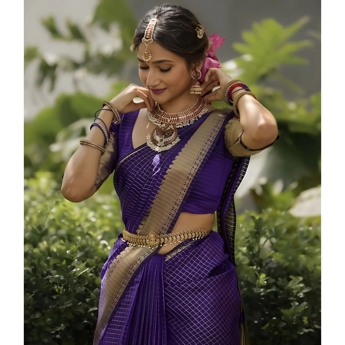 Women's Banarasi Silk Printed Saree With Unstitched Blouse 5.5Mtr (Purple)