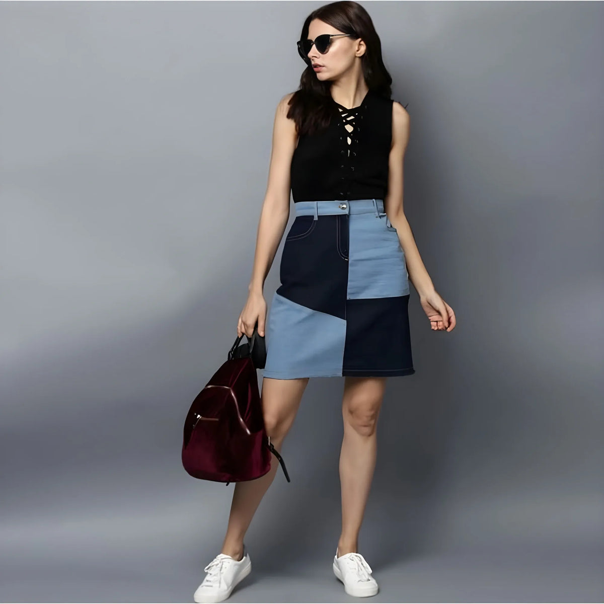 Women's Denim Brick Style Buttoned Skirt (blue) | Women Signature Collection
