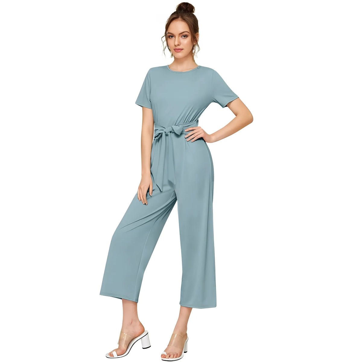Women's Knitting stretchable Solid Round Neck Cap Sleeve Jumpsuit (Pista )