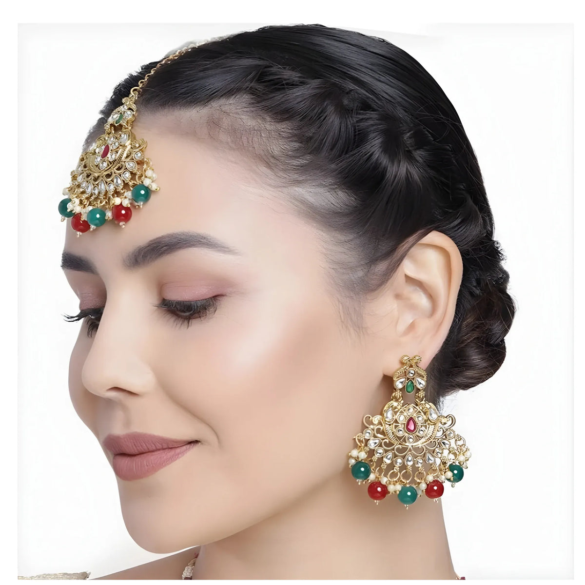 Women's Rose Gold Plated Alloy Kundan Earrings &amp; Mangtikka (Red &amp; Green)