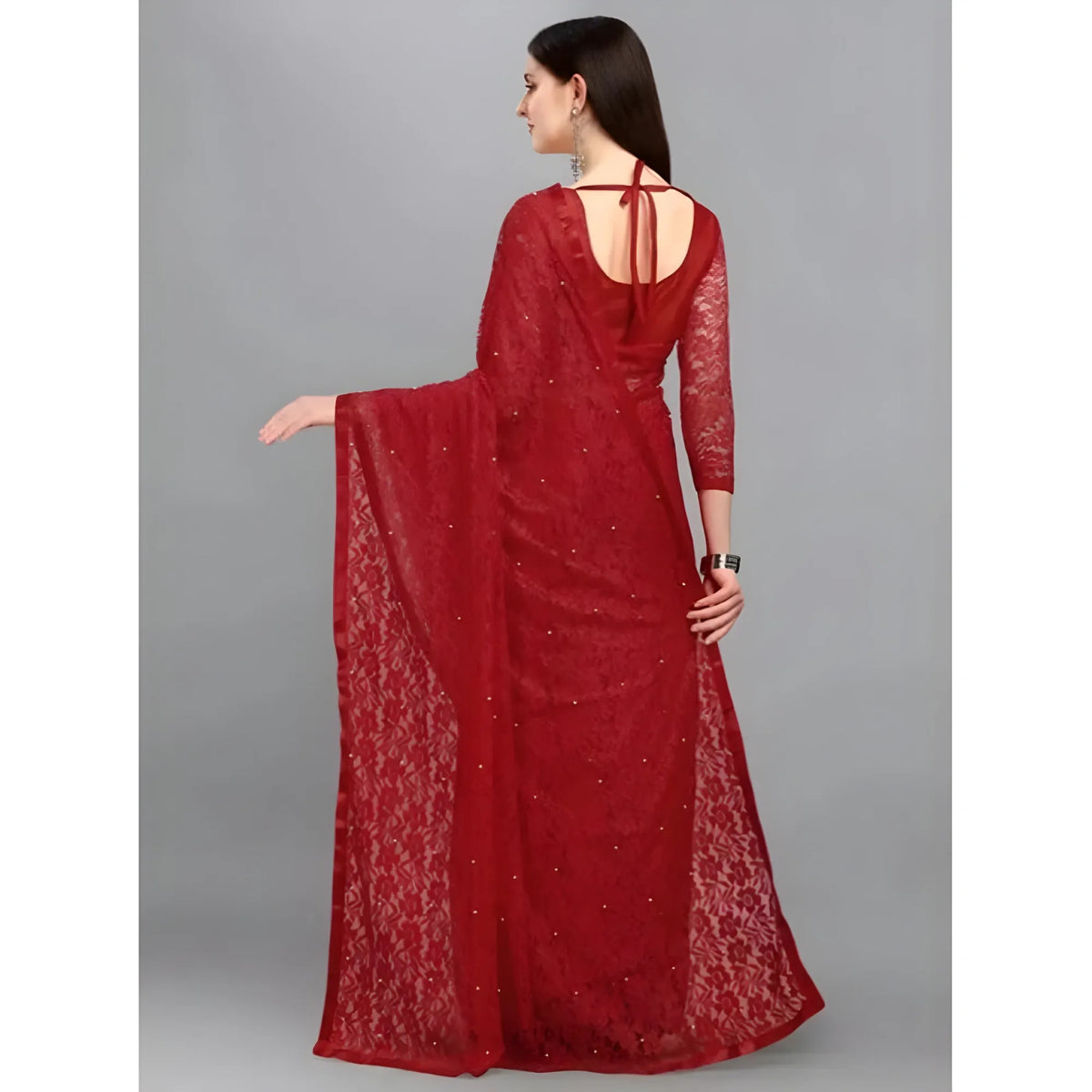 Women's Net Self Design Saree With Unstitched Blouse 5.5Mtr  (Maroon)