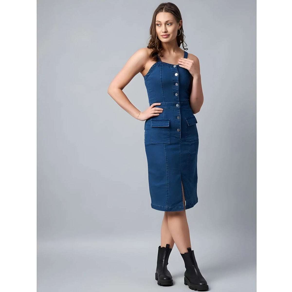 Women's Denim Lycra Solid Square Neck Shoulder Straps Dress (blue) | Women Signature Collection