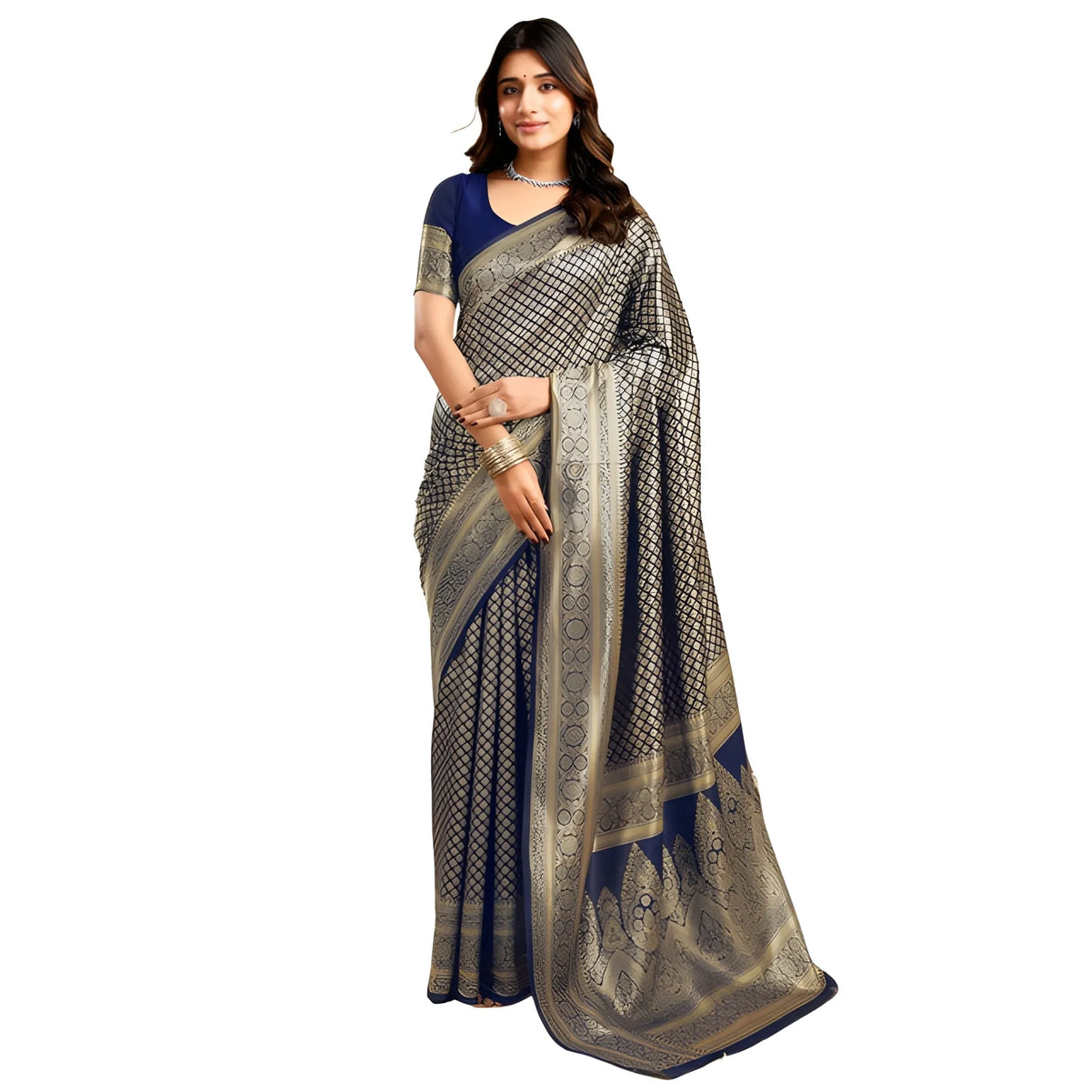 Women's Jacquard Printed Saree With Unstitched Blouse 5.5Mtr (Navy Blue)