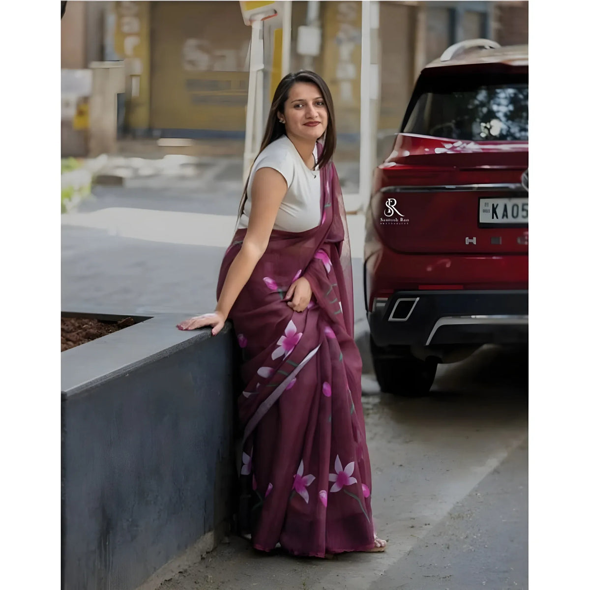 Women's Linen Printed Saree With Unstitched Blouse 5.5Mtr  (Brown)