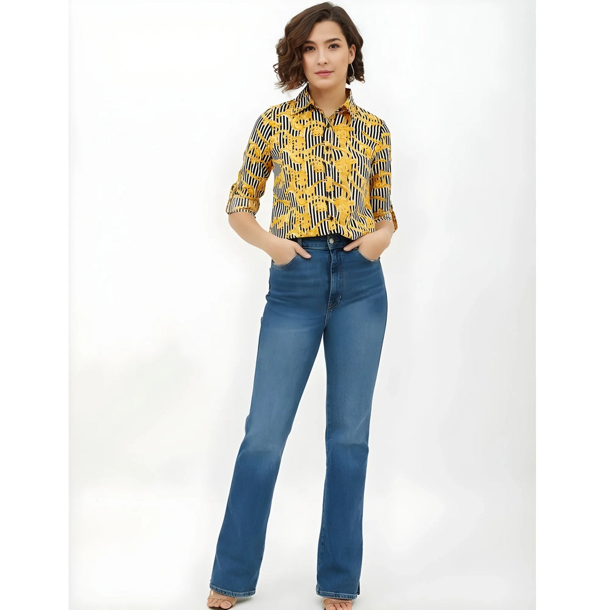 Women's Polyester Printed Roll Up Sleeve Standard Length Shirt (Mustared)