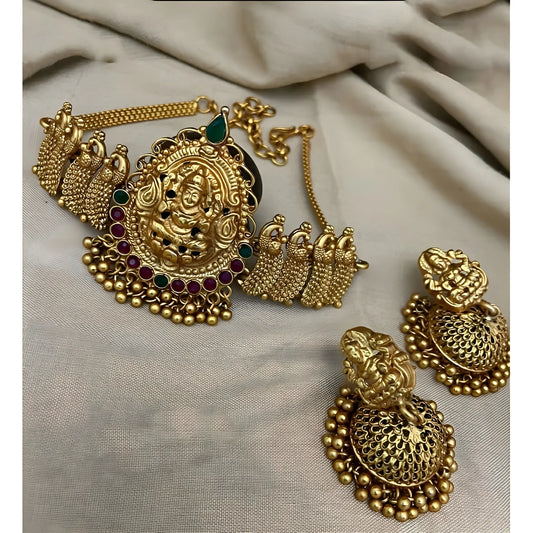 Women's Traditional Temple Necklace and Earrings Set in Gold (Multi Color, Free Size)