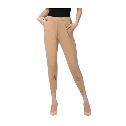 Women's Polyester Solid Elasticated Trousers (beige) | Women Signature Collection