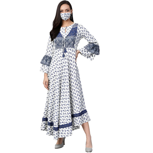Women's Casual Bell Sleeve Floral Printed Rayon Dress (white &amp; Blue) | Women Signature Collection