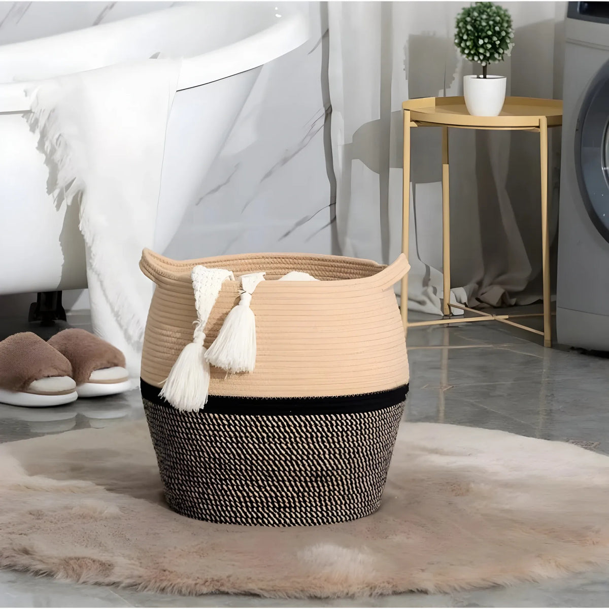 Cotton Matka 14x12 Inch Storage Basket For Clothes With Out Lid (Beige-Black)