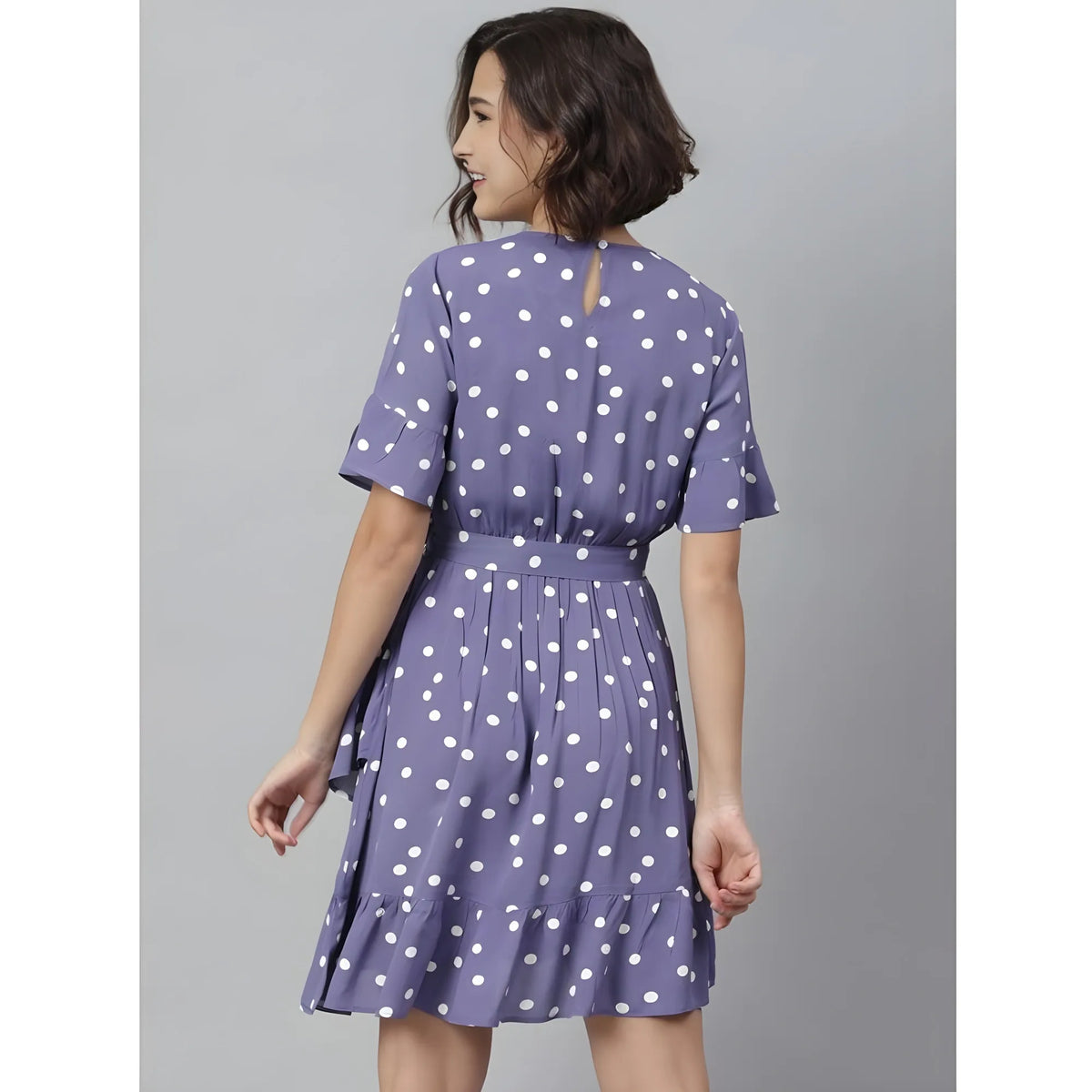 Women's Polyester Polka Bell Sleeve Above Knee Dress (lavender) | Women Signature Collection