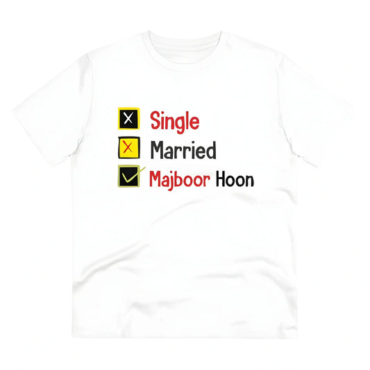 Men's PC Cotton Single Married Majbur Printed T Shirt (Color: White, Thread Count: 180GSM)