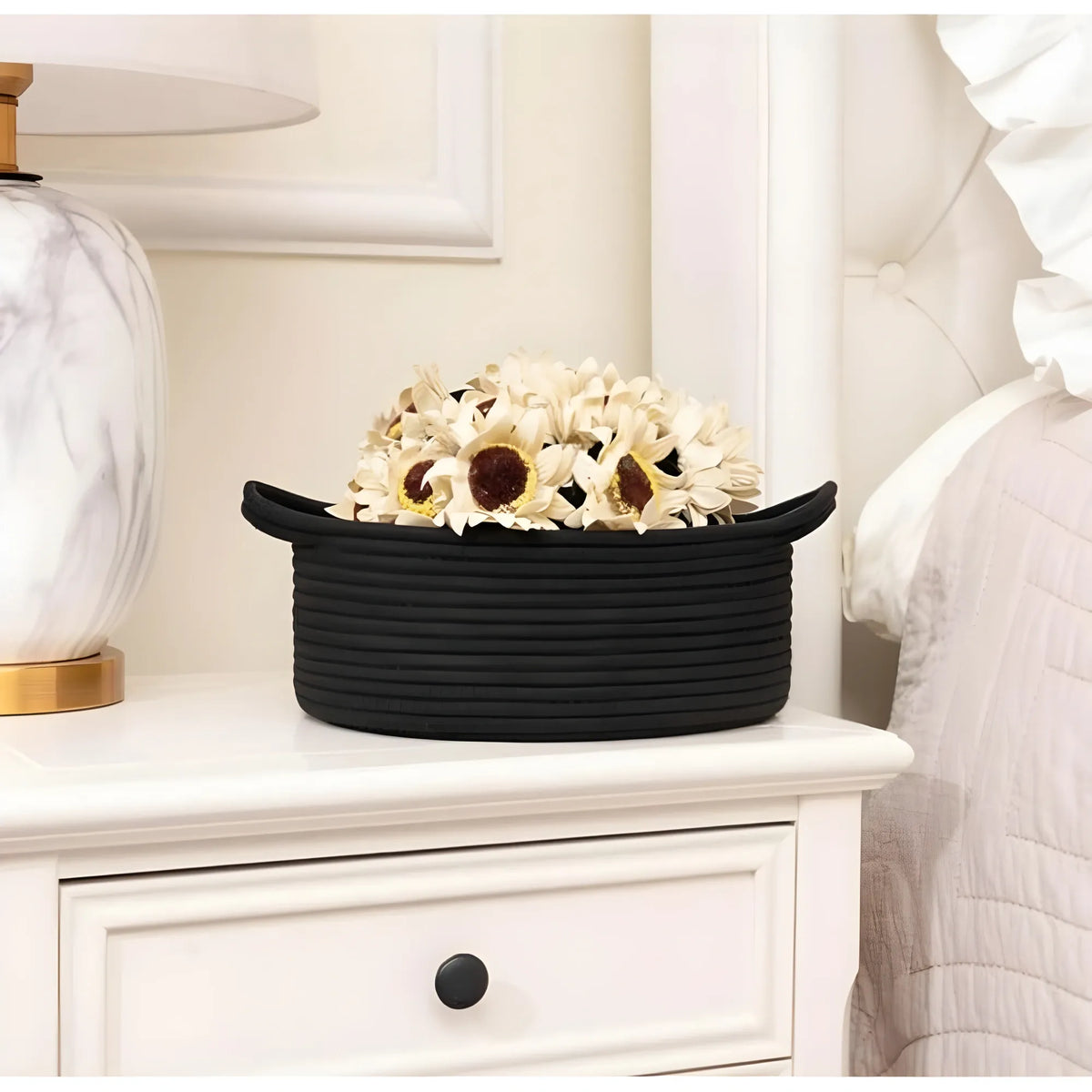 Cotton 8x3 Inch Round Bedside Organizer With Out Lid (Black)
