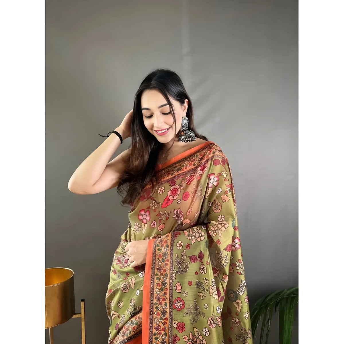 Women's Linen Printed Saree With Unstitched Blouse 5.5Mtr  (Sea Green)