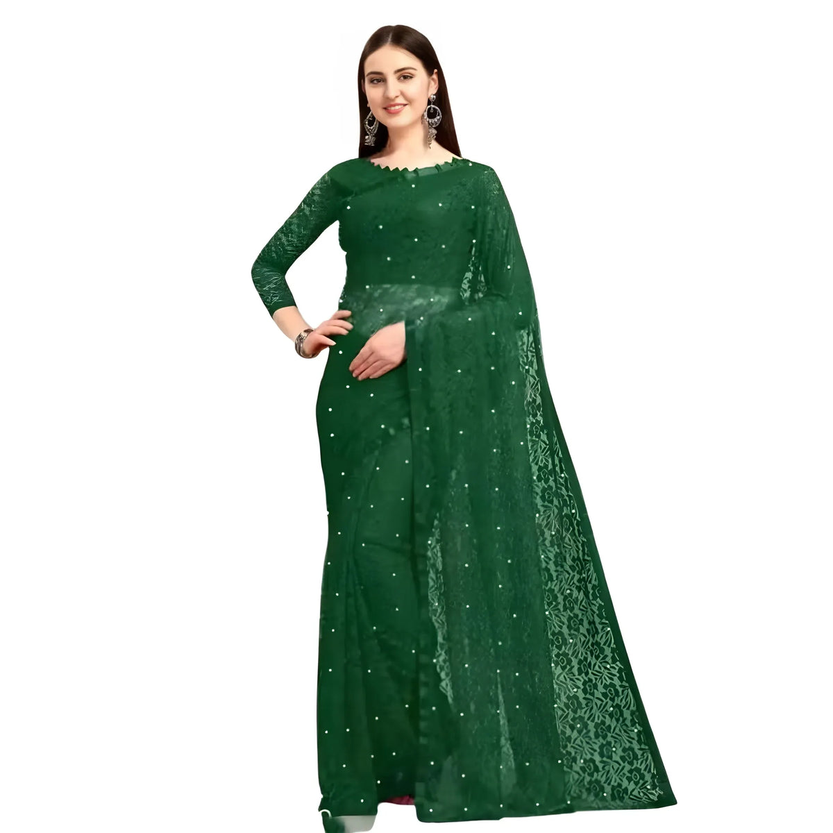 Women's Net Self Design Saree With Unstitched Blouse 5.5Mtr  (Green)