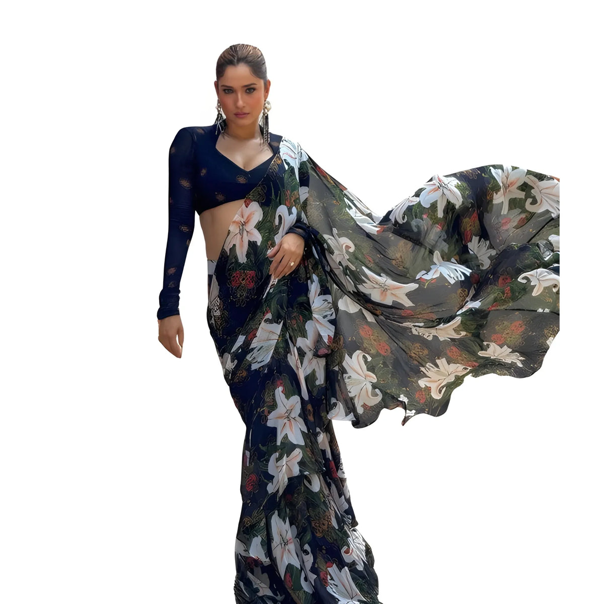 Women's Georgette Floral Printed Saree With Unstitched Blouse 5.5Mtr (Black)