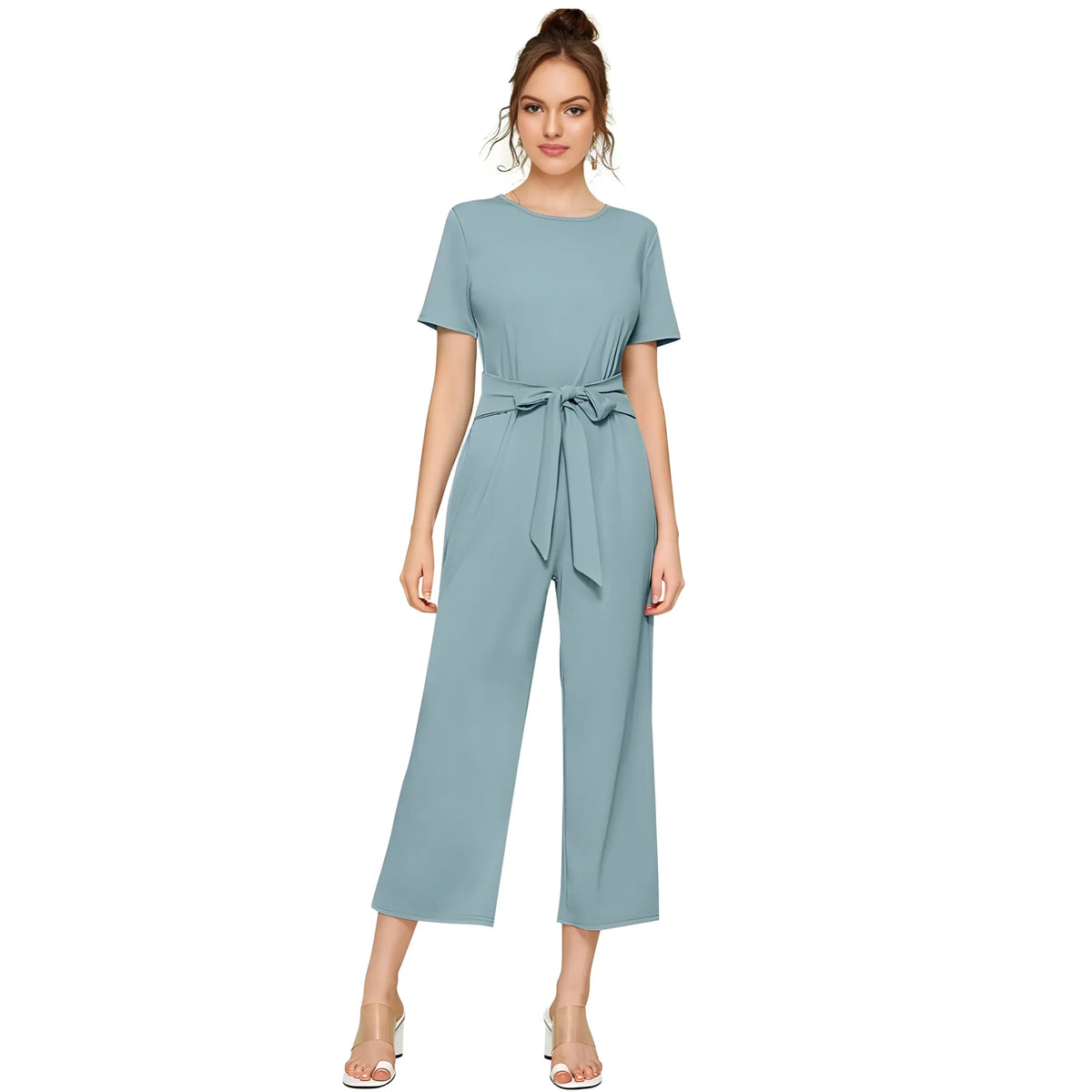 Women's Knitting stretchable Solid Round Neck Cap Sleeve Jumpsuit (Pista )