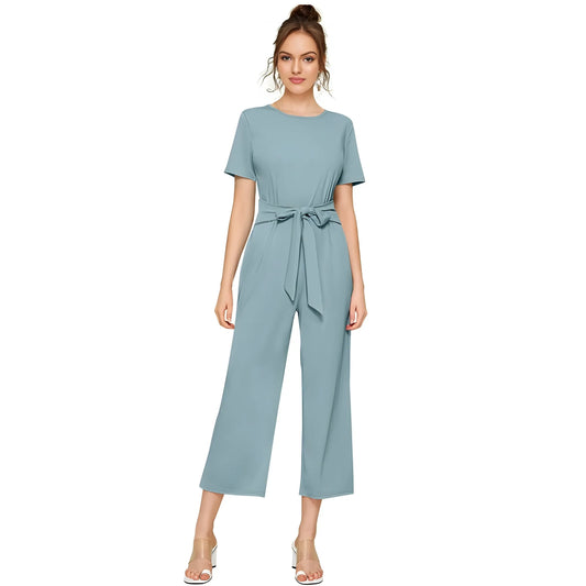 Women's Knitting stretchable Solid Round Neck Cap Sleeve Jumpsuit (Pista )