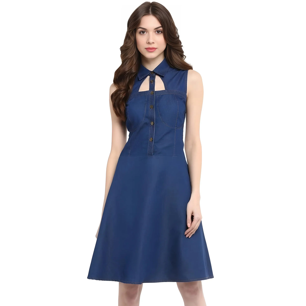 Women's Denim Solid Sleeveless Dress (navy Blue) | Women Signature Collection