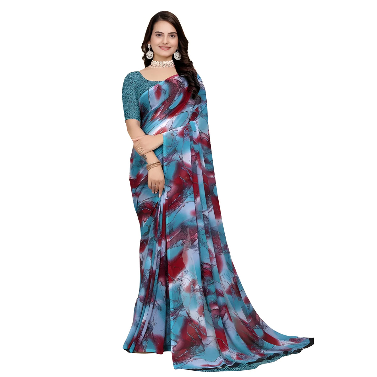 Women's Georgette Printed Saree With Unstitched Blouse 5.5Mtr (Blue-Maroon)