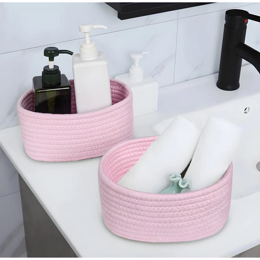 Cotton 8x3 Inch Round 2 Set Bedside Organizer With Out Lid (Pink)