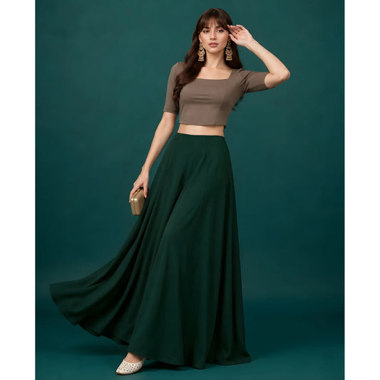 Women's Georgette Solid Mid-Rise Wide Leg Flared Palazzo with Elastic Waist (Bottle Green)