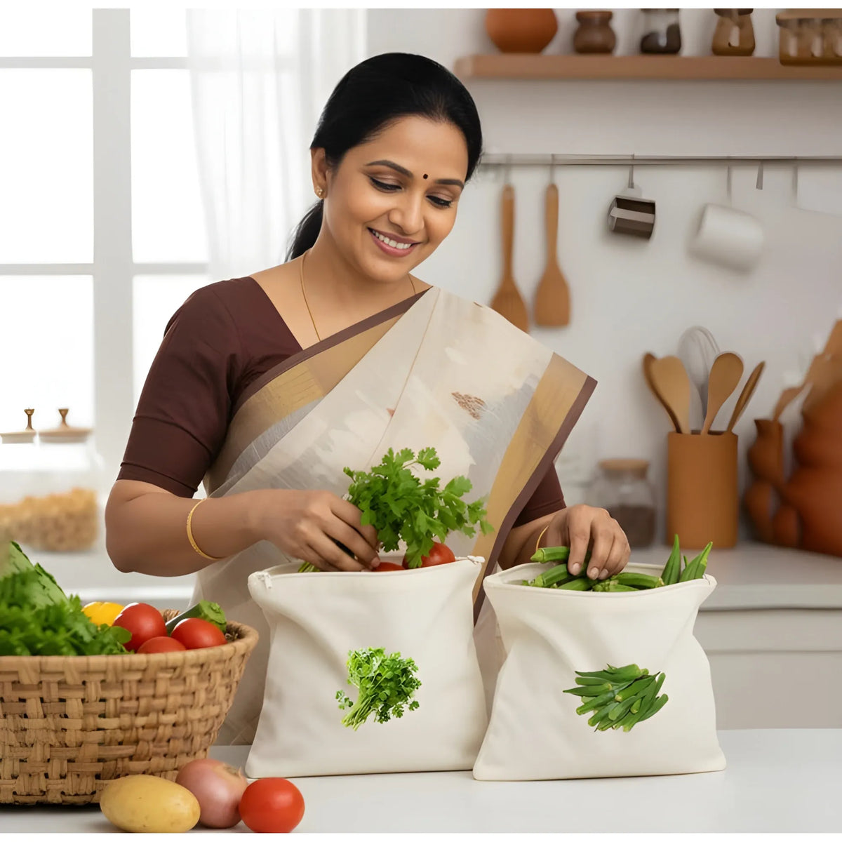 Cotton Vegetable Bag Size 12*12 - 10 Pieces Set (Beige)