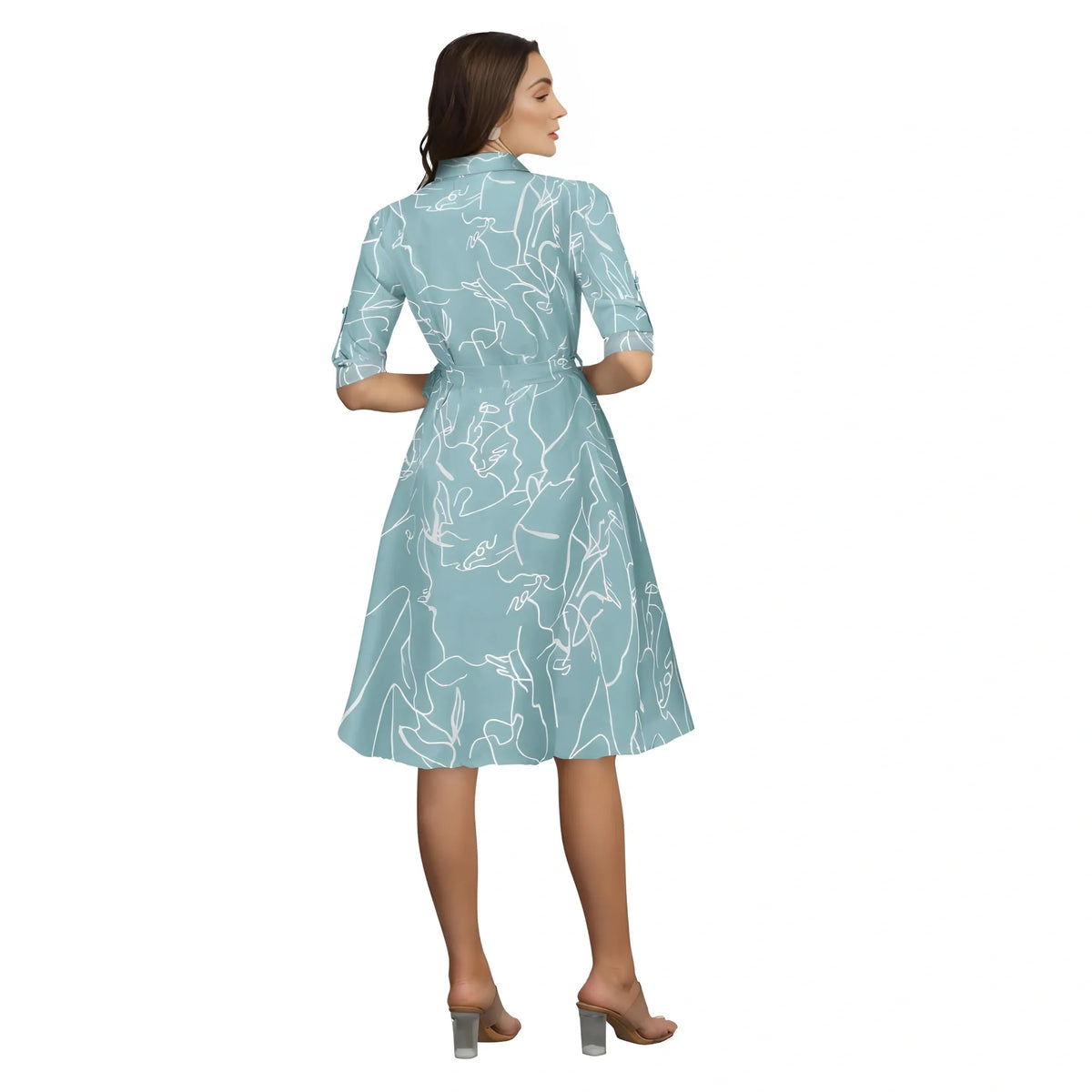 Women's Ruby Cotton Printed Shirt Collar 3-4th Sleeve Dress (Pista)