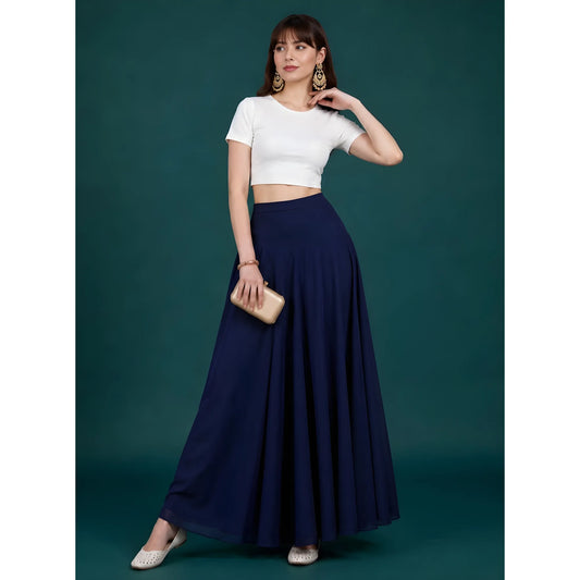 Women's Georgette Solid Mid-Rise Wide Leg Flared Palazzo with Elastic Waist (Navy Blue)
