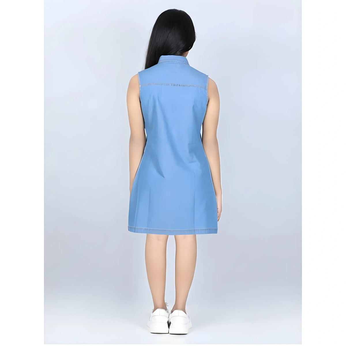 Girl's Denim Solid Cold Shoulder Dress (blue) | Kids Signature Collection