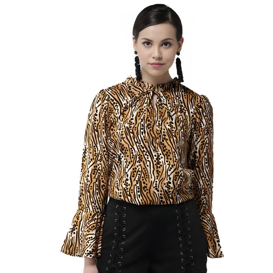 Women's Polyester Printed Bell Sleeve Top (Orange - Black)