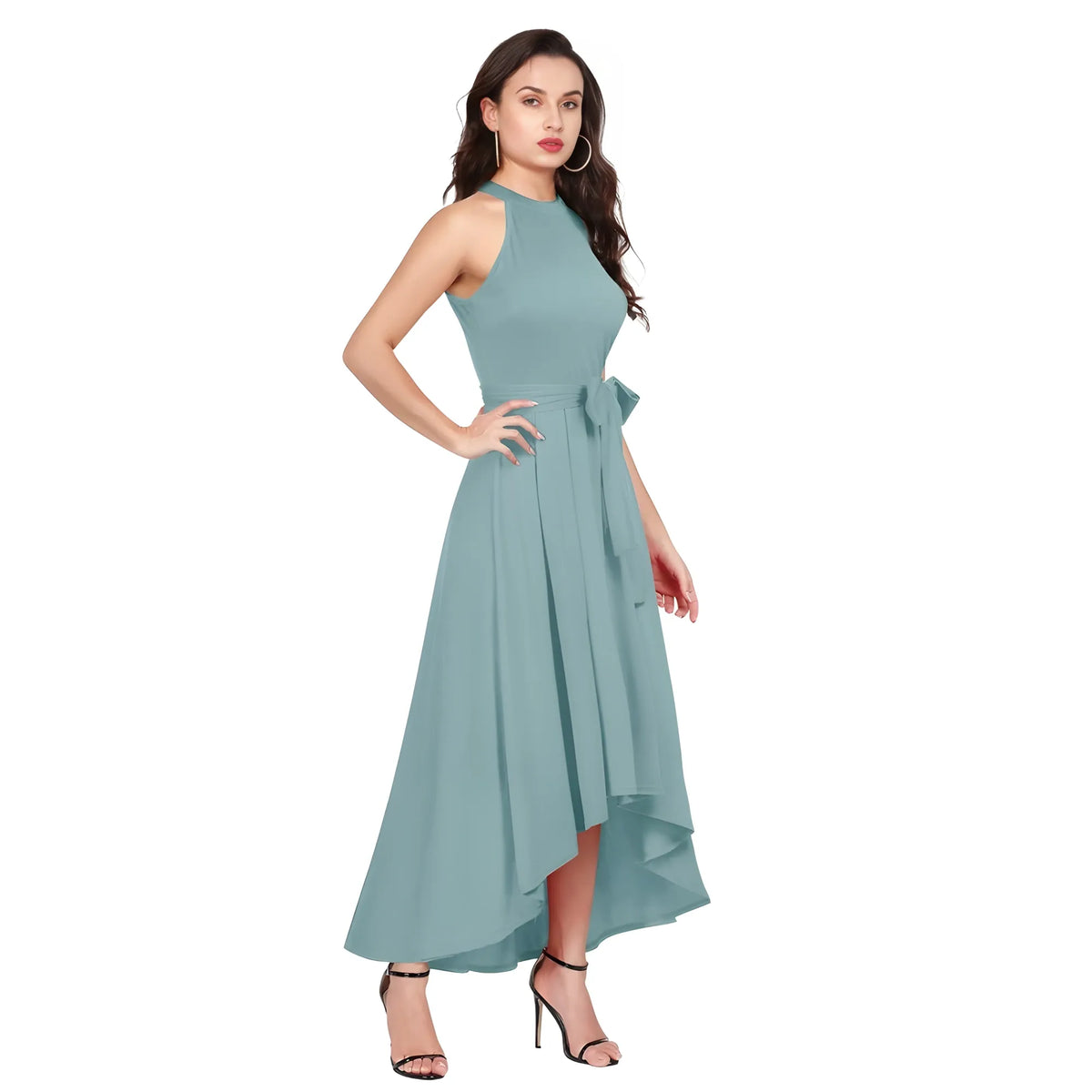 Women's Polyester Solid Halter Neck Sleeveless Dress (pista) | Women Signature Collection