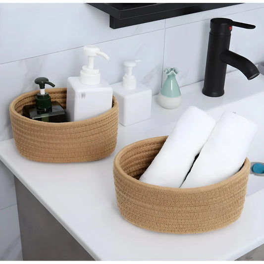 Cotton 8x3 Inch Round 2 Set Bedside Organizer With Out Lid (Beige)