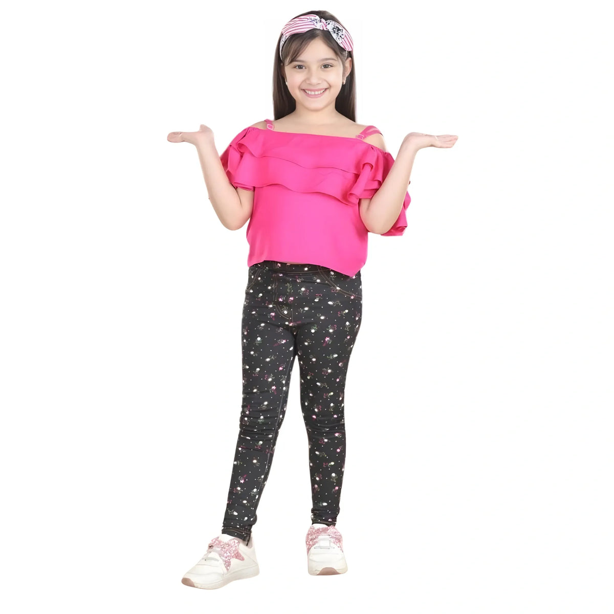 Girl's Cotton Floral Elasticated Jegging And Top Set (pink) | Kids Signature Collection