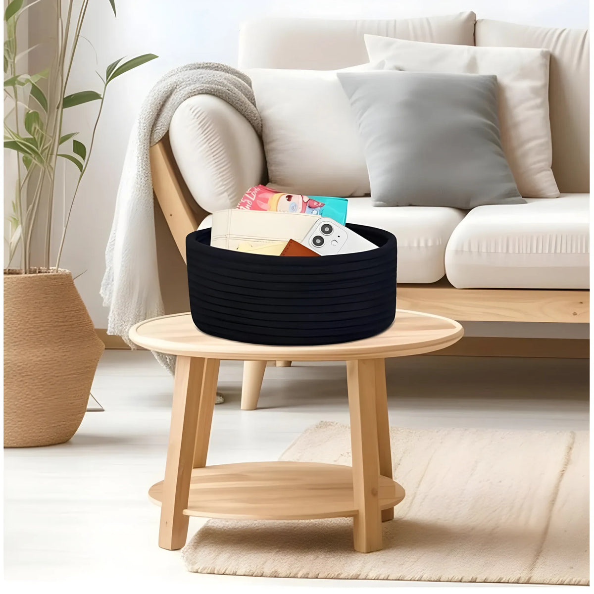 Cotton 8x3 Inch Round 1 Pcs Bedside Organizer With Out Lid (Black)