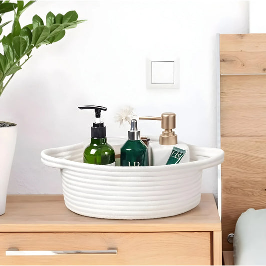 Cotton 8x3 Inch Round Bedside Organizer With Out Lid (White)