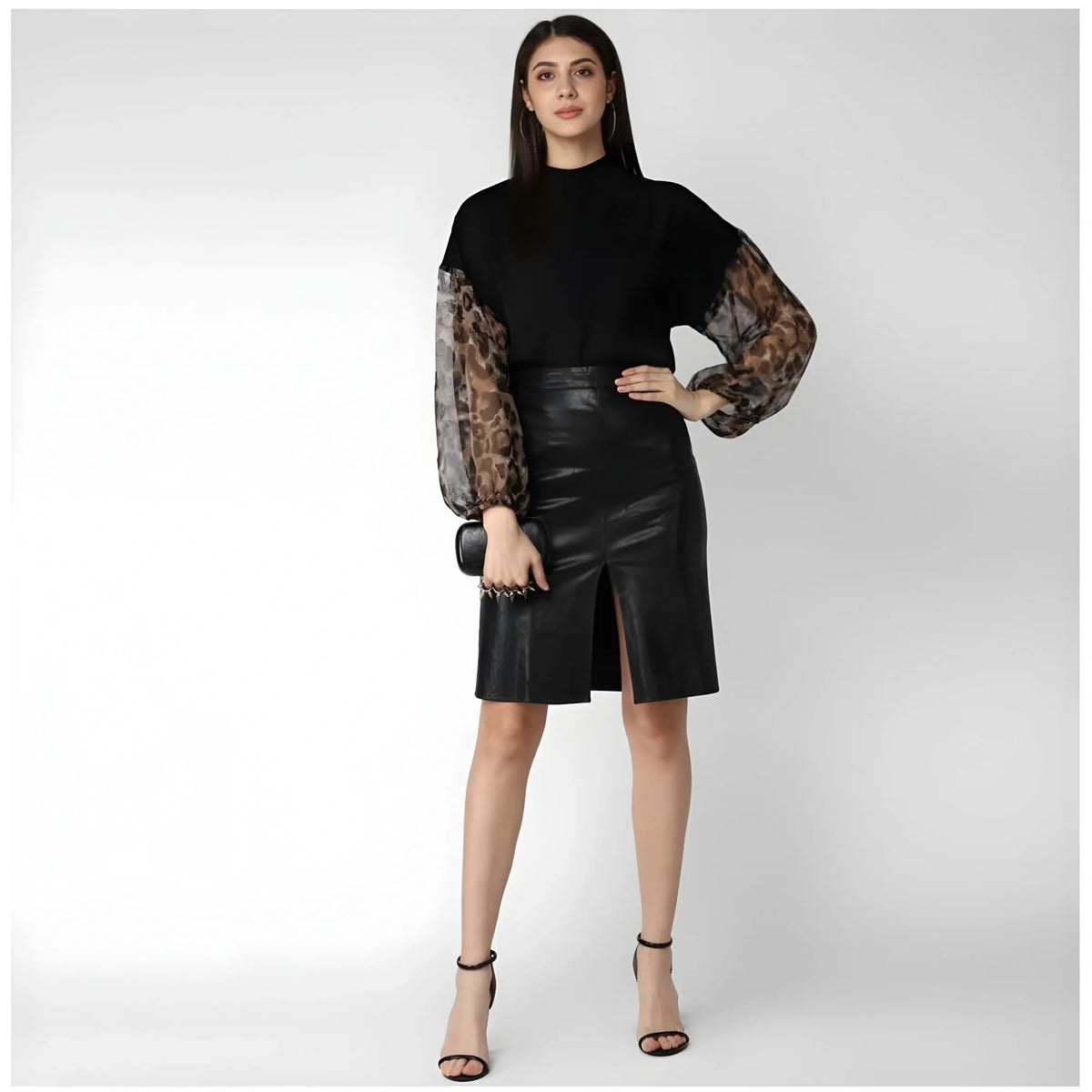 Women's Polyester Animal Print Long Sleeves Top (Black)
