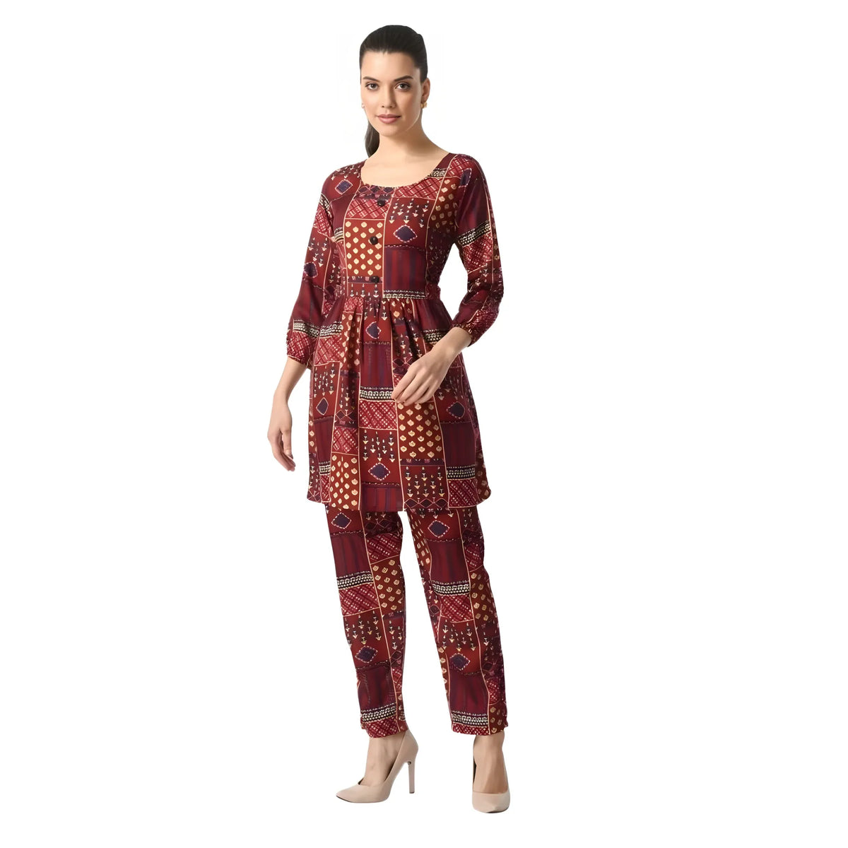 Women's Casual Crepe 3-4th Sleeves Cord Set (Maroon)