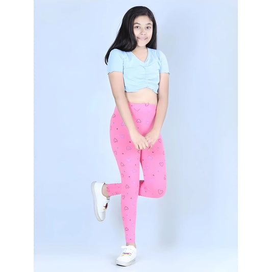 Girl's Cotton Lycra Printed Elasticated Leggings (Light Pink)