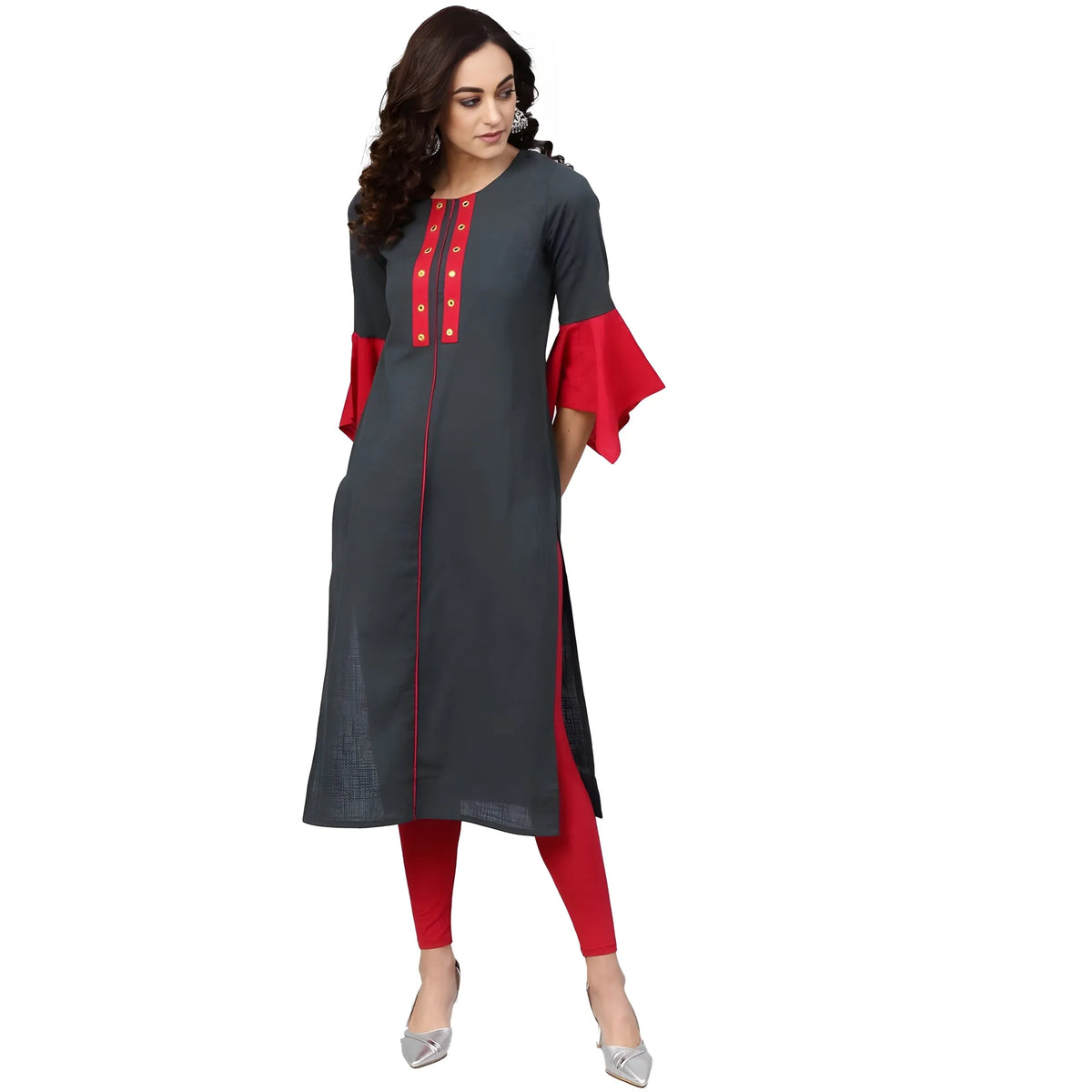 Women's Casual Bell Sleeves Mirror Work Cotton Slub Kurti (Grey)