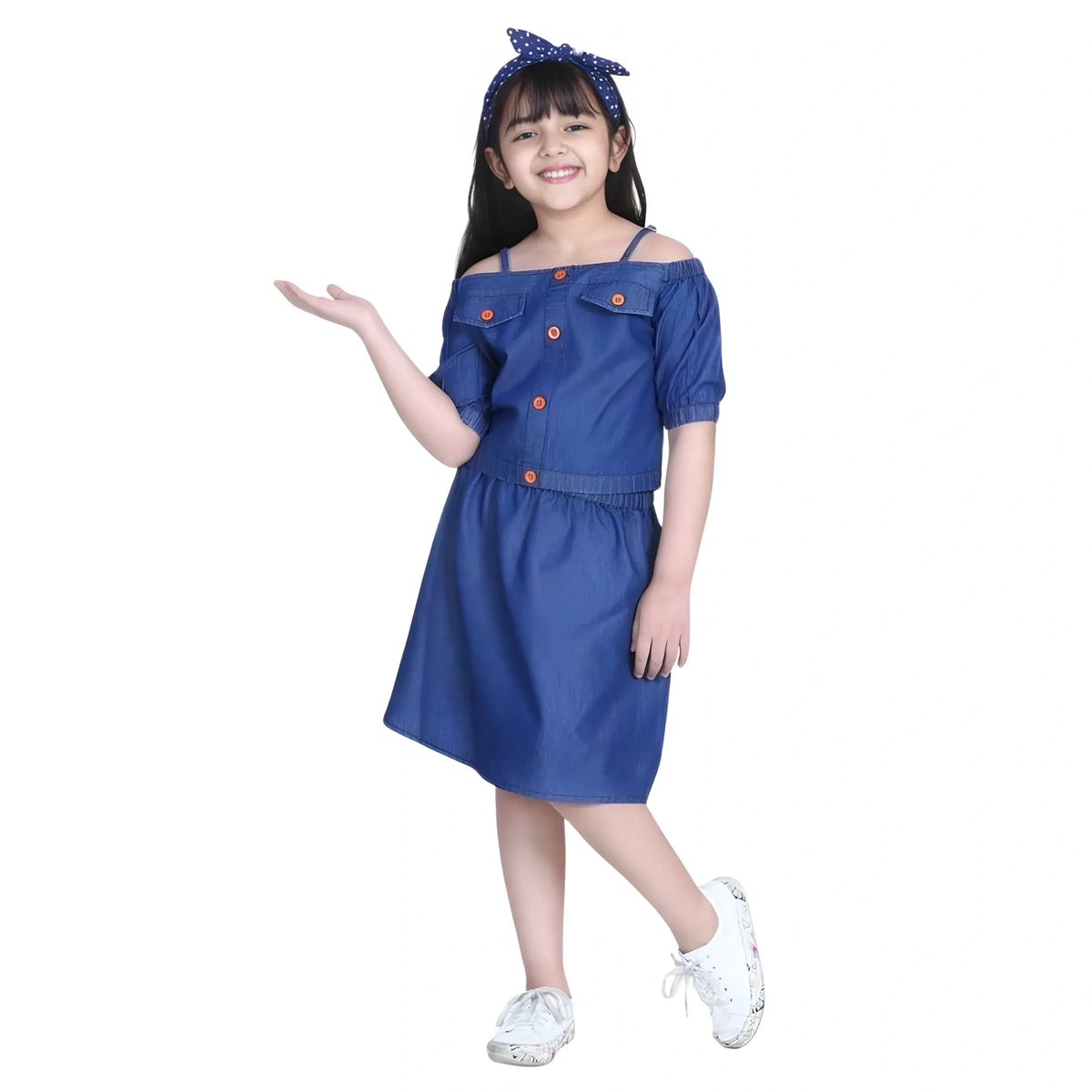 Girl's Denim Solid Cold Shoulder Top And Skirt Set (navy Blue) | Kids Signature Collection
