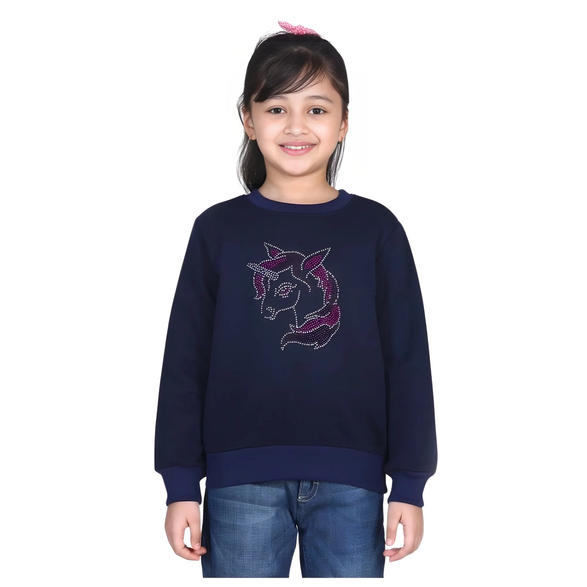 Girl's Fleece Embellished Long Sleeves Sweatshirt (navy Blue) | Kids Signature Collection