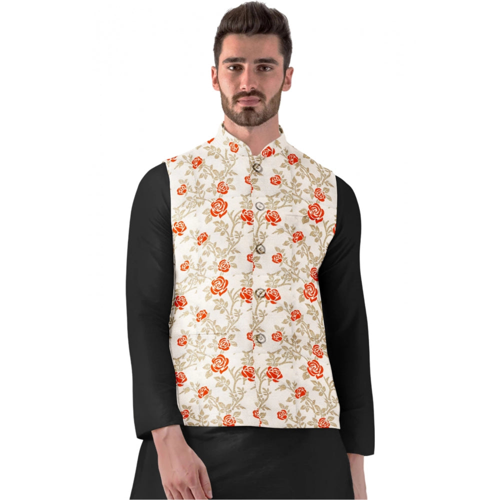 Men's Jacquard Printed Full Sleeve Waistcoat (orange Beige) | Men Signature Collection