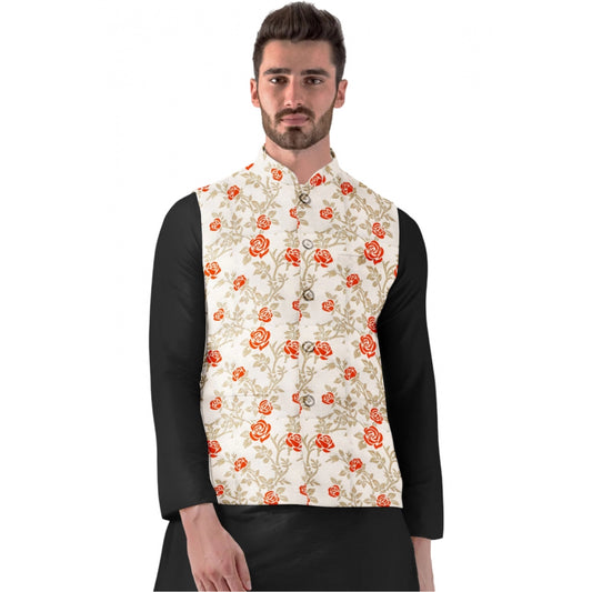 Men's Jacquard Printed Full Sleeve Waistcoat (orange Beige) | Men Signature Collection