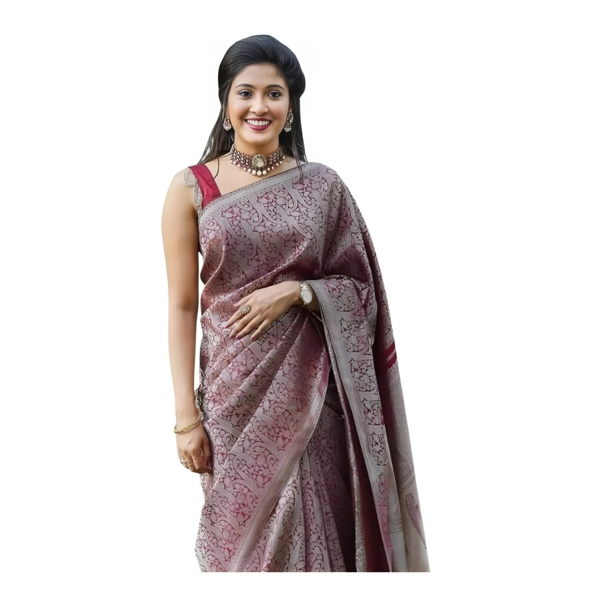 Women's Soft Lichi Silk Printed Saree With Unstitched Blouse 5.5Mtr (Wine)