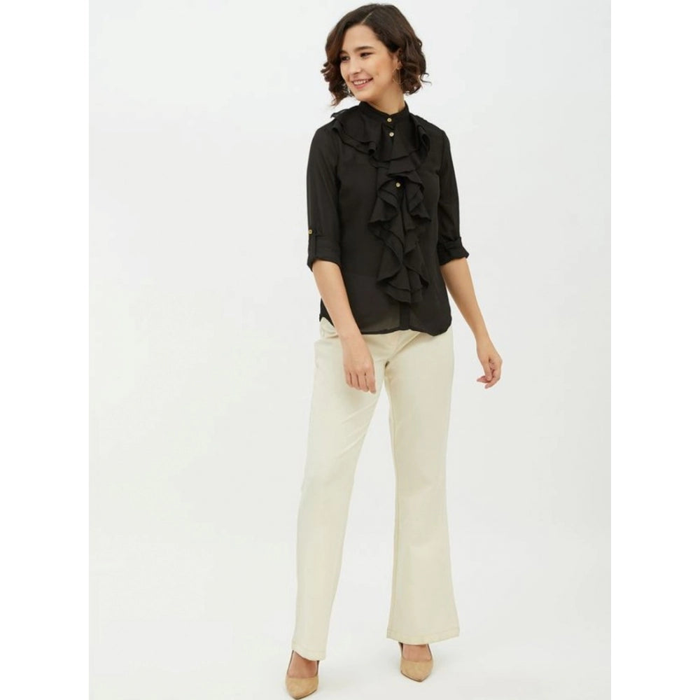 Women's Polyester Ruffled Long Sleeves Standard Length Shirt (black) | Women Signature Collection