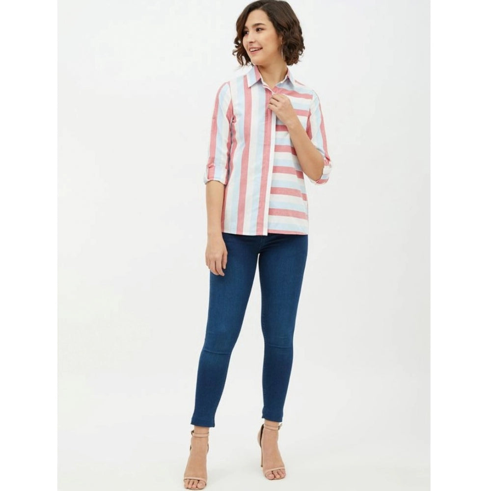 Women's Cotton Striped Long Sleeves Standard Length Shirt (pink) | Women Signature Collection