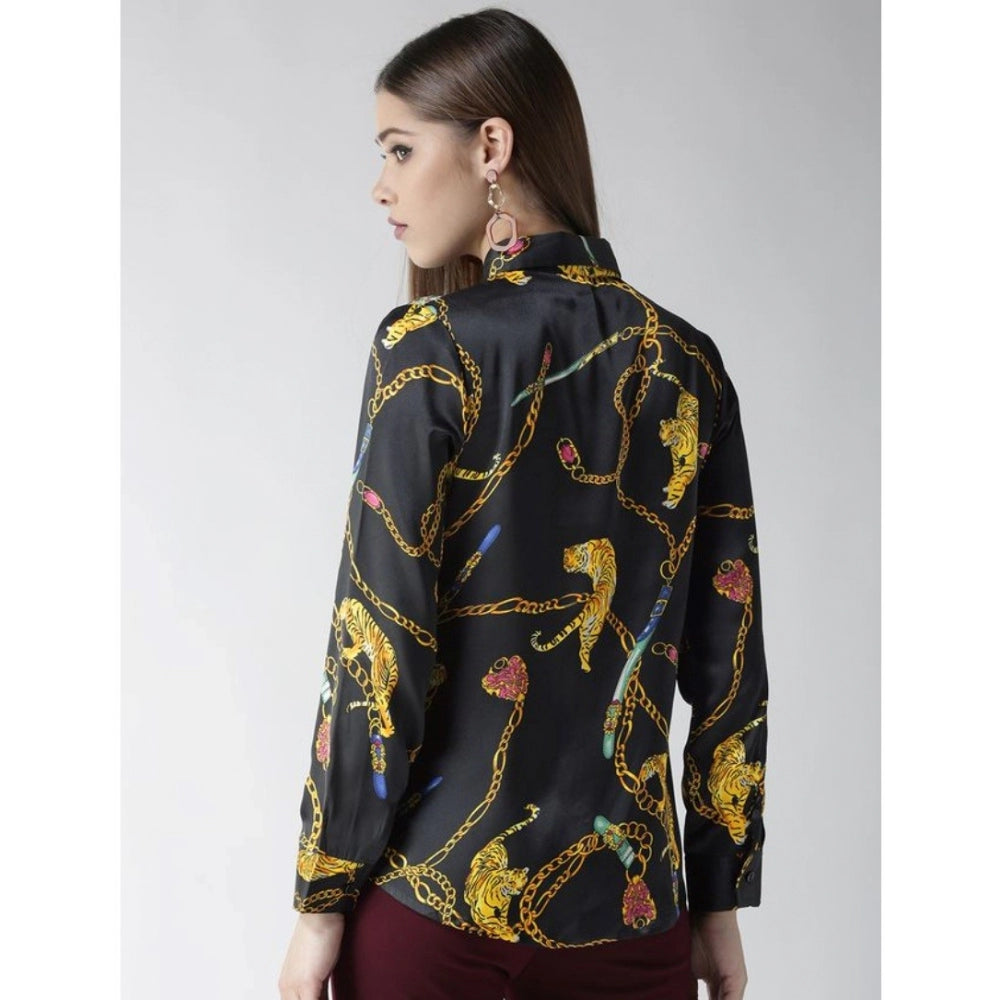 Women's Satin Printed Long Sleeves Standard Length Shirt (black Gold) | Women Signature Collection